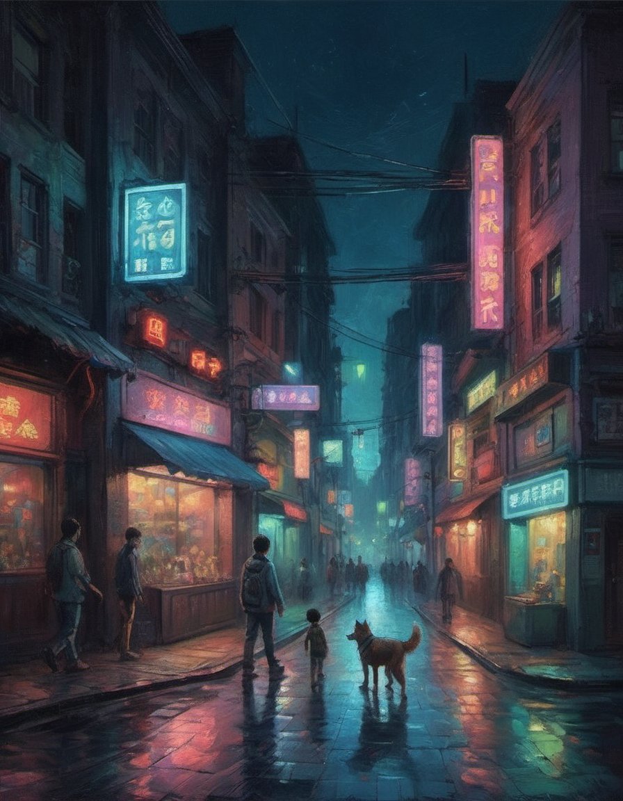 isometric city corner street city block dark night with neon signs and tungsten lighting and a boy walking with dog colorful iridescent detailed lighting inspired by Hayao Miyazaki,oil painting