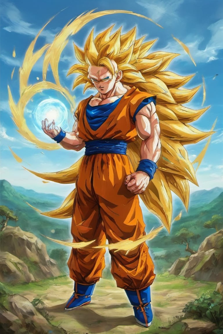 "Generate an realistic image of Super Saiyan 3 Son Goku from the popular anime series 'Dragon Ball Z' using his signature Kame_Hame_Ha, the 'Rasengan.' Goku stands with determination, his long blond hair flowing, and his bright blue eyes focused. He holds his palm out, surrounded by swirling chakra that forms the Rasengan, a spiraling sphere of energy. The scene is set against a backdrop of a lush sky, with leaves rustling in the wind as Goku's power radiates through the air. Capture the essence of Goku's spirit and determination as he unleashes his formidable ninja abilities.",son goku,Goku