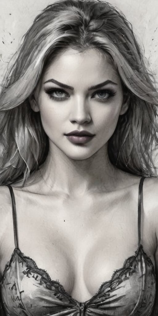 ((Upper body)), beautiful female, mix of (Katheryn Winnick and Hunter King), vampire, (nude:1.2), pen and ink, trending on artstation, adding mystery and sensuality, sharp focus, studio photo, intricate details, highly detailed, masterpiece, best quality, ultra detailed, 8K, RAW, intricate details, dramatic composition ,ink,color art, photorealistic, abstact, photo r3al,more detail XL,photo r3al,colorful,color chaos,pencil sketch,Charcoal drawing,charcoal drawing,flat chested,hair over breasts,navel,curvaceous,curvy_figure,bellybutton