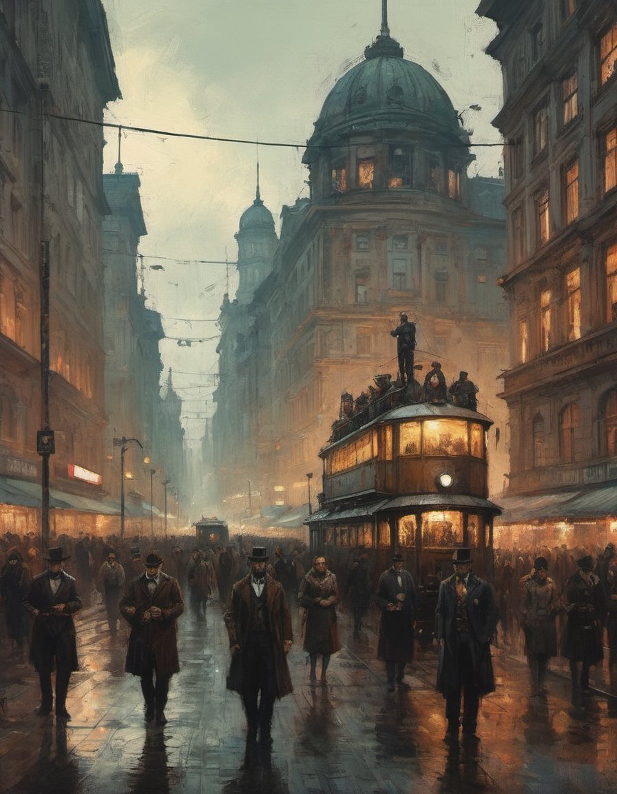 retro future 1890 steampunk Berlin crowded downtown diverse population by Ismail Inceoglu and Jeremy Mann,oil painting