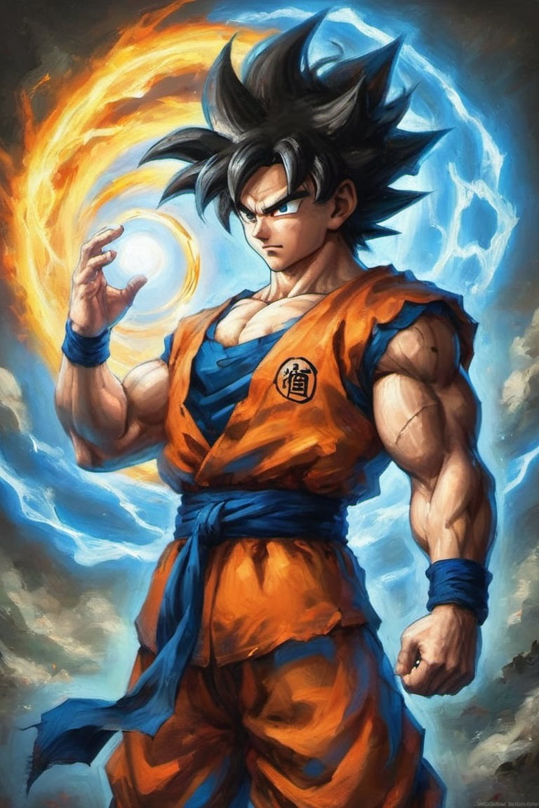 "Generate an realistic image of Super Saiyan 3 Son Goku from the popular anime series 'Dragon Ball Z' using his signature Kame_Hame_Ha, the 'Rasengan.' Goku stands with determination, his long blond hair flowing, and his bright blue eyes focused. He holds his palm out, surrounded by swirling chakra that forms the Rasengan, a spiraling sphere of energy. The scene is set against a backdrop of a lush sky, with leaves rustling in the wind as Goku's power radiates through the air. Capture the essence of Goku's spirit and determination as he unleashes his formidable ninja abilities.",son goku,Goku