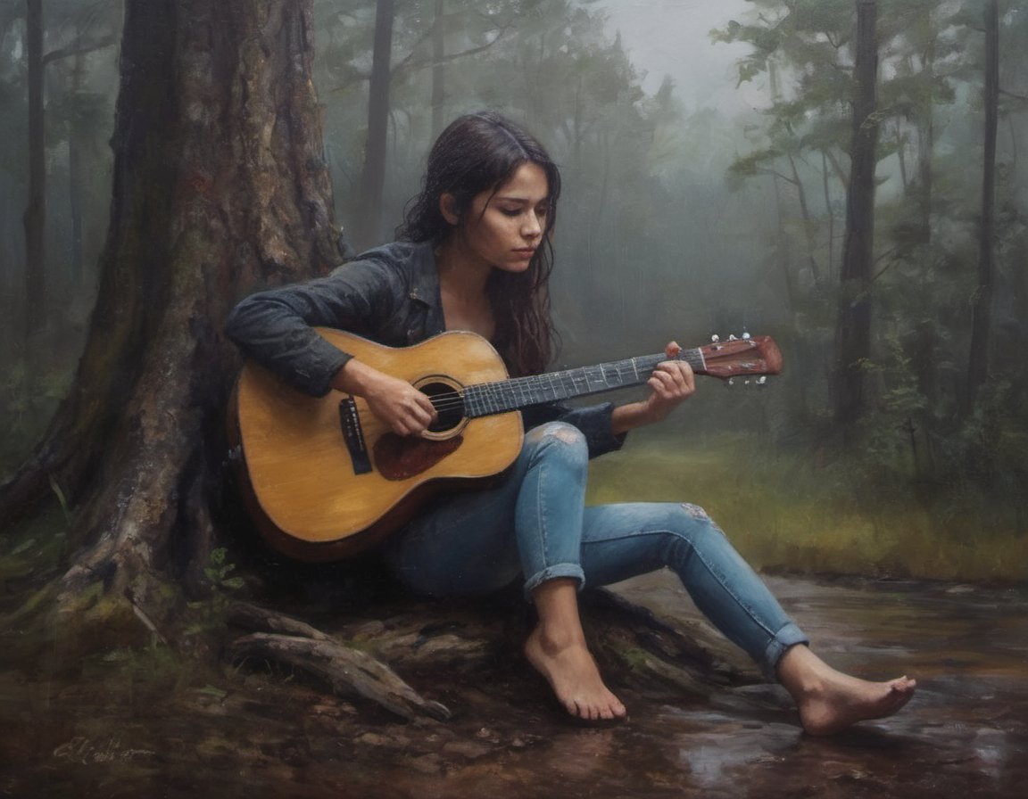 oil painting of a desperately survival girl in a playing in the guitar, she is very lonely. she is sitting down tree with a guitar, moody forest after rain. detailed and moody atmosphere ,painting,oil painting