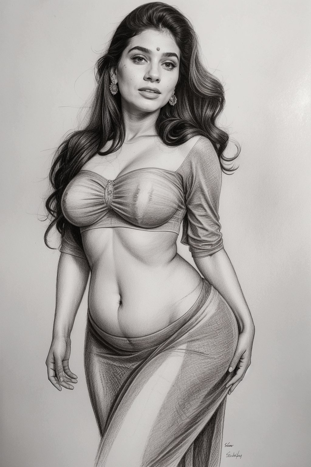Beautiful indian girl, pencil sketch,  anatomy , pencil_(artwork), pencil_art, pencil_art, rough_sketch, blouse, long skirt, plump, navel, stomach, slime,beauty,DRAWING,monochrome,REALISTIC
