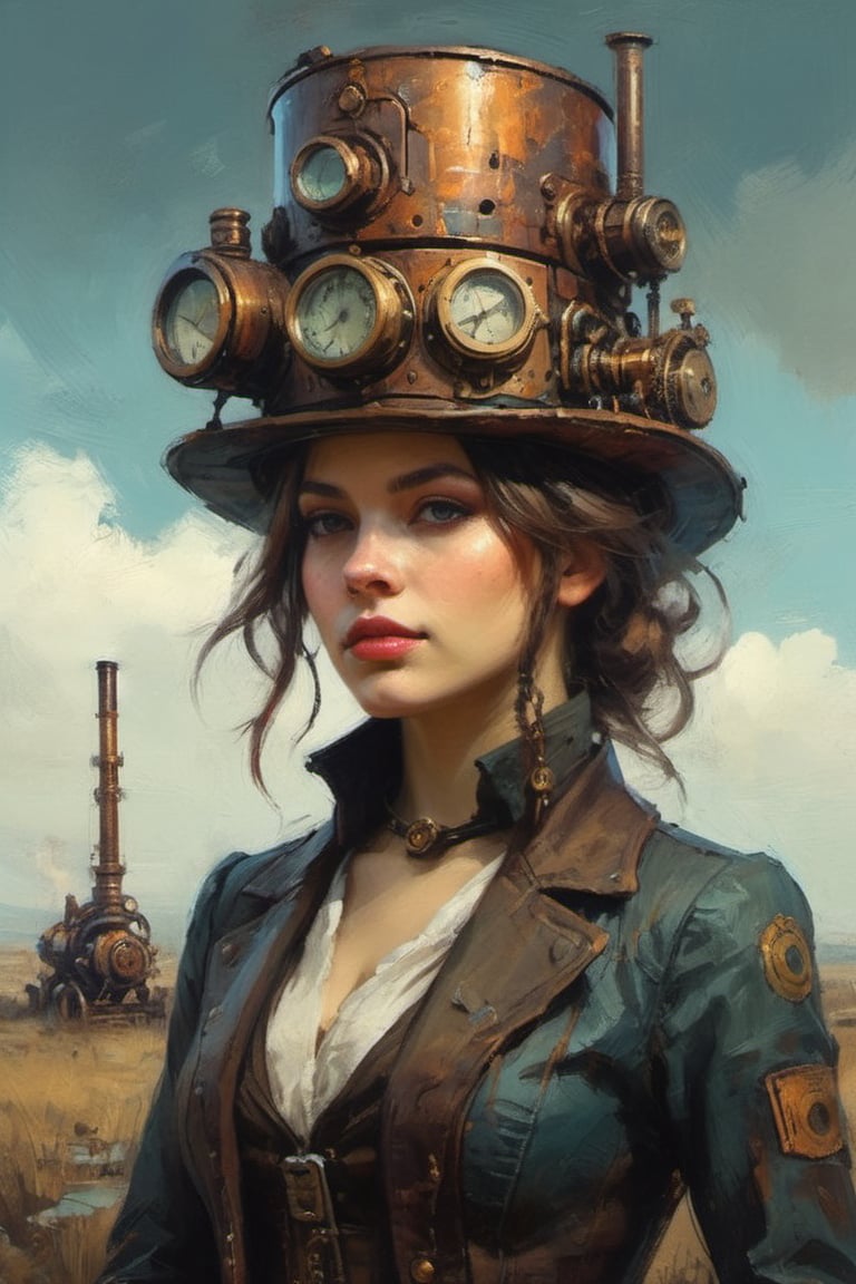 retro future 1890 steampunk english girl mechanical engine hat. retro clothes by Ismail Inceoglu and Jeremy Mann,oil painting,more detail XL