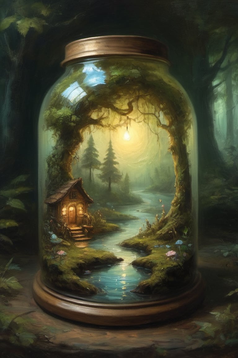 oil painting of a tiny fairy world with infinitesimal forest and glades and rivers under glass bell jar whole society of mini luminescent magical fairies in a jar beautifully detailed and richly complex interior rustic room background,oil painting
