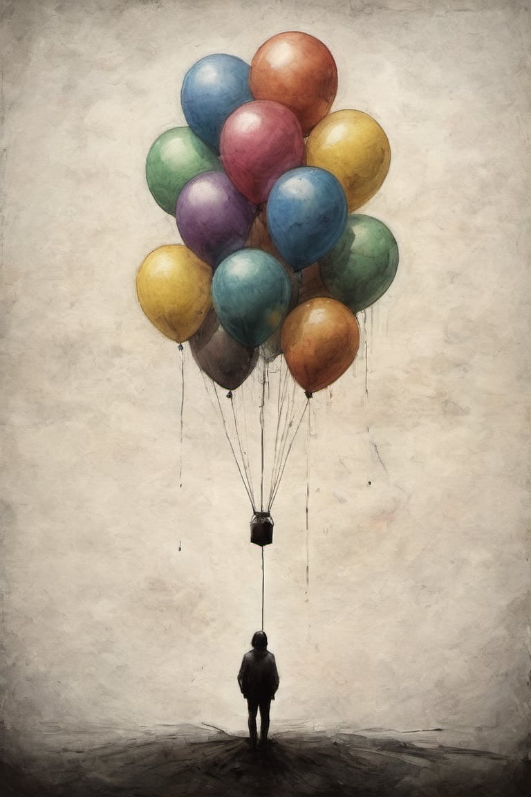 minimalism digital painting, (style of Stephen Gammell:1.3), vertical digital rainfall, [multiple rainbow balloon existentialism], silhouette, despair