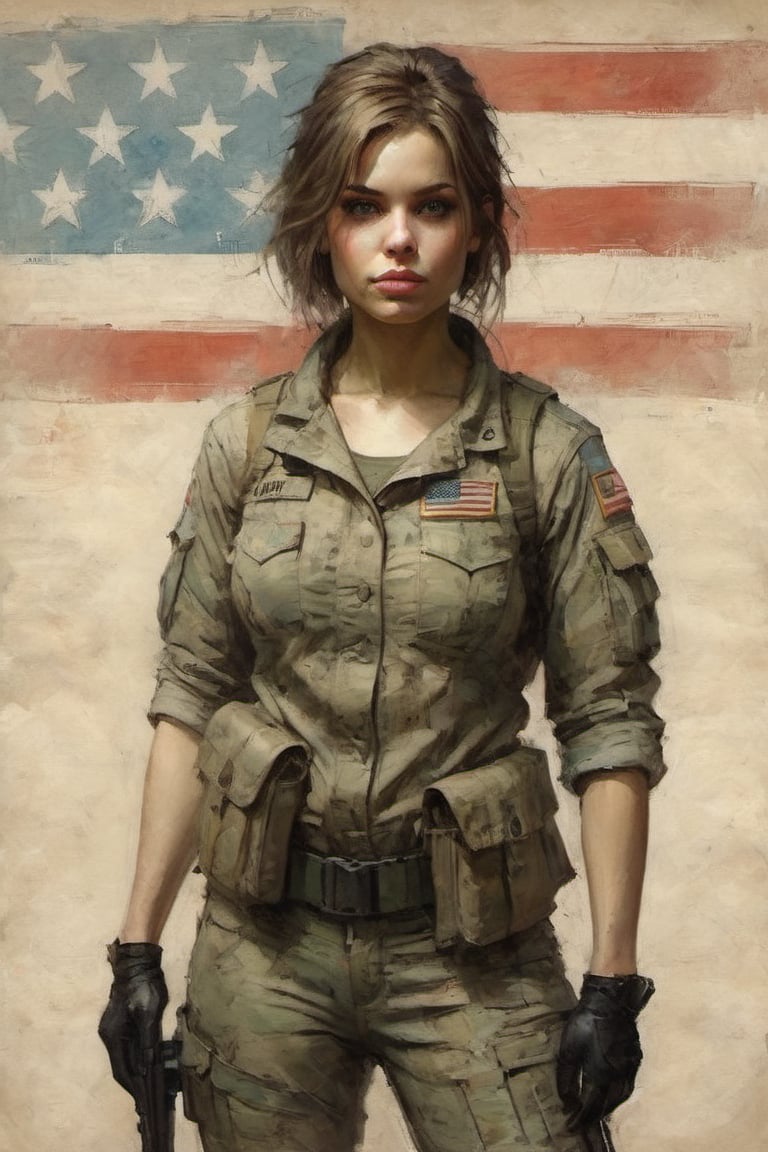 a ameriacn army girl. wear military clothes,. colorful art by Jeremy Mann and Carne Griffith,on parchment,digital painting.