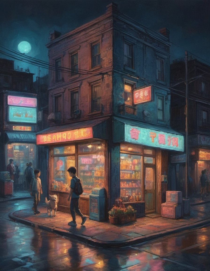 isometric city corner store city block dark night with neon signs and tungsten lighting and a boy walking with dog colorful iridescent detailed lighting inspired by Hayao Miyazaki,oil painting