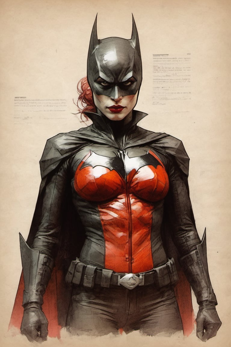 Batwoman suit DC character design colorful art by Jeremy Mann and Carne Griffith,on parchment,ink illustration