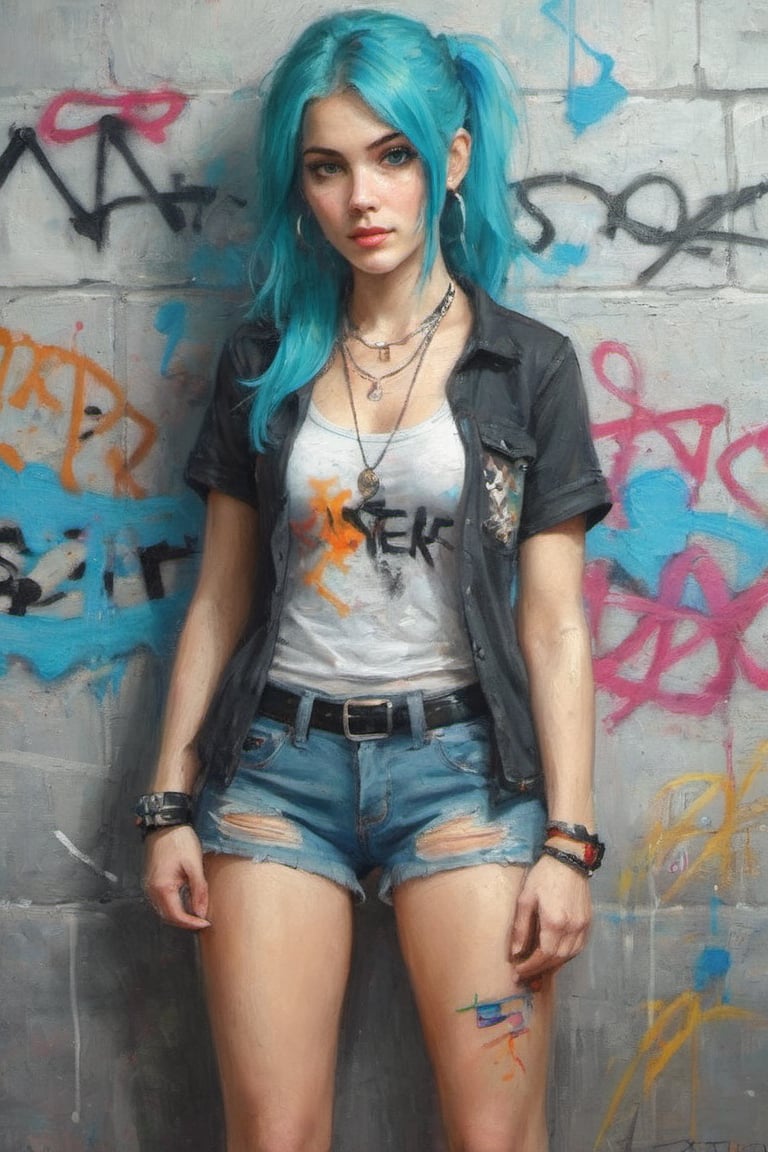 masterpiece, best quality, 1 sister, alone, women&#39;s shirts, Denim shorts, necklace, （Graffiti：1.5）, paint splatter, Put your arms behind your back, leaning against wall, looking at the audience, armband, thigh strap, Painting body, head tilt, having fun, hair color, aqua eyes, earphone,graffiti wall