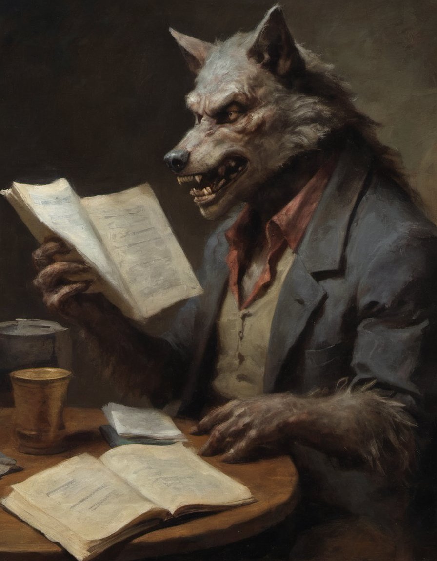 painting of a werewolf reading a script for a television role