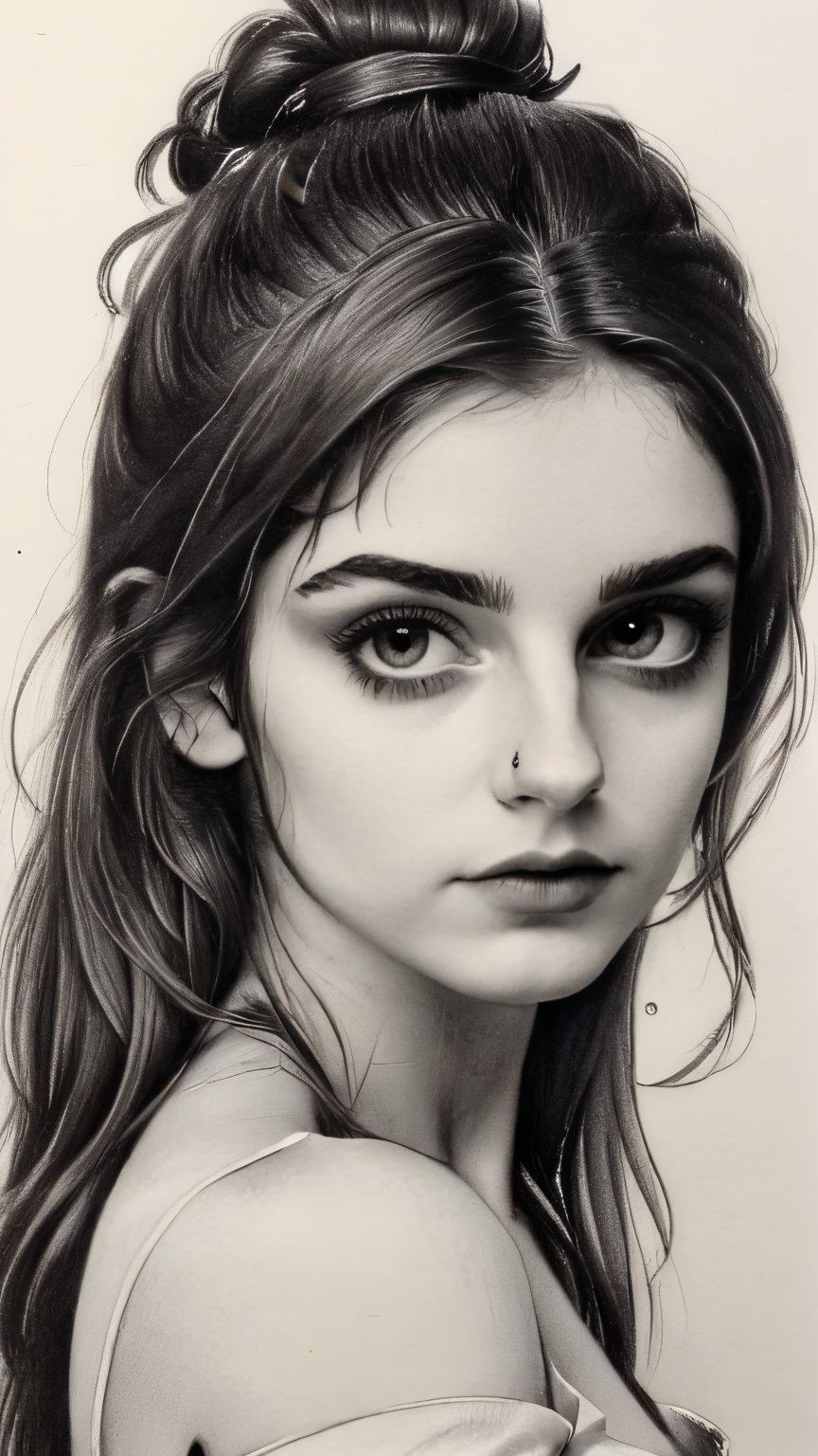 Beautiful Instagram model girl, charcoal sketch,  anatomy, pencil_(artwork), pencil_art, pencil_art, rough_sketch, Pencil draw of a very beautiful indian model girl on paper, collarbone, clevage, beauty,monochrome,LinkGirl