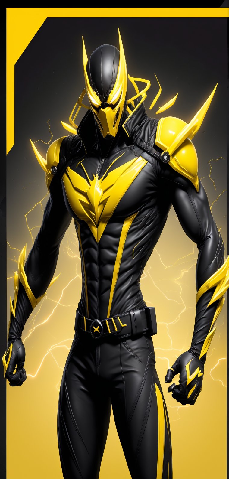 A speedster hero, with an imposing presence and athletic figure, stands in a ready-to-run stance. His suit is a vibrant mix of yellow and black, designed not only for speed but also protection and style. This hero, known as "Black Lightning", embodies the essence of speed and justice.
Mask: A tight-fitting mask covers your face, exposing only your eyes, nose, and mouth. The mask is black with yellow details around the eyes, forming a streamlined design that accentuates his penetrating and determined gaze.

Emblem: In the center of his chest, a stylized yellow lightning bolt emblem stands out against the black background of the suit. This emblem is the symbol of his heroic identity and his ability to move at superhuman speeds.

Upper: The upper part of the suit is primarily yellow with black details on the shoulders, arms and sides, providing a dynamic contrast that reflects his energy and speed. The suit's material is light but strong, designed to withstand the friction and heat generated by its rapid mobility.

Gloves: His gloves are black with yellow details on the fingers and wrists, providing a firm grip and protecting his hands during his missions.

Belt: A black belt cinched around your waist, with small compartments to hold useful devices and communication tools.

Bottom: The pants of the suit are black with yellow details on the sides, continuing the streamlined design and ensuring flexibility and comfort. The boots, also black with yellow lightning bolts, are designed for maximum traction and durability, with reinforced soles to absorb the impact of your fast runs.