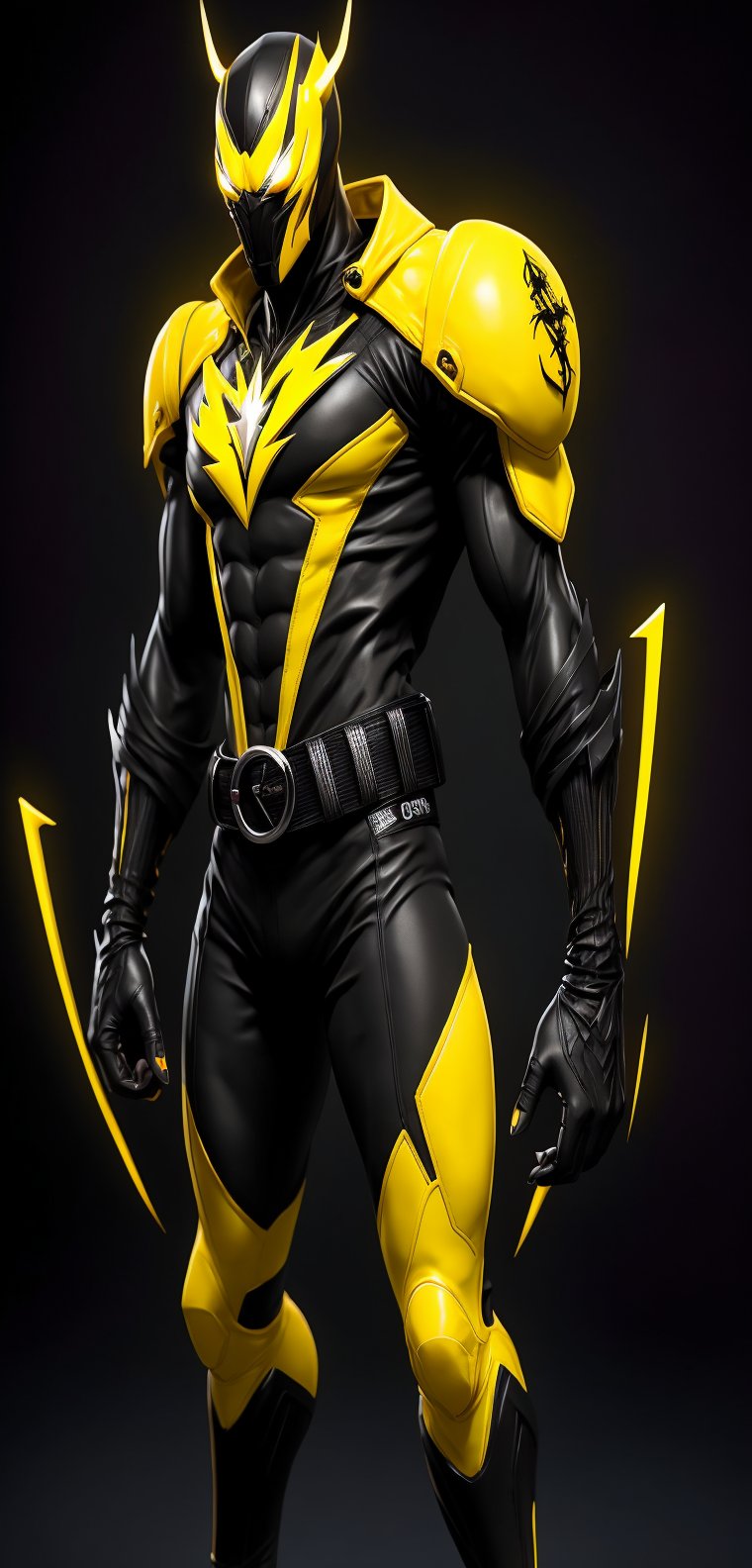 A speedster hero, with an imposing presence and athletic figure, stands in a ready-to-run stance. His suit is a vibrant mix of yellow and black, designed not only for speed but also protection and style. This hero, known as "Black Lightning", embodies the essence of speed and justice.
Mask: A tight-fitting mask covers your face, exposing only your eyes, nose, and mouth. The mask is black with yellow details around the eyes, forming a streamlined design that accentuates his penetrating and determined gaze.

Emblem: In the center of his chest, a stylized yellow lightning bolt emblem stands out against the black background of the suit. This emblem is the symbol of his heroic identity and his ability to move at superhuman speeds.

Upper: The upper part of the suit is primarily yellow with black details on the shoulders, arms and sides, providing a dynamic contrast that reflects his energy and speed. The suit's material is light but strong, designed to withstand the friction and heat generated by its rapid mobility.

Gloves: His gloves are black with yellow details on the fingers and wrists, providing a firm grip and protecting his hands during his missions.

Belt: A black belt cinched around your waist, with small compartments to hold useful devices and communication tools.

Bottom: The pants of the suit are black with yellow details on the sides, continuing the streamlined design and ensuring flexibility and comfort. The boots, also black with yellow lightning bolts, are designed for maximum traction and durability, with reinforced soles to absorb the impact of your fast runs.
In full motion, Black Lightning is a blurry figure to the human eye. The energy of their movements is perceived as flashes of yellow light and black shadows that mark their path. His speed is amazing, capable of overcoming any obstacle in the blink of an eye. The speed lines that follow him highlight his ability to move through time and space with unmatched precision.