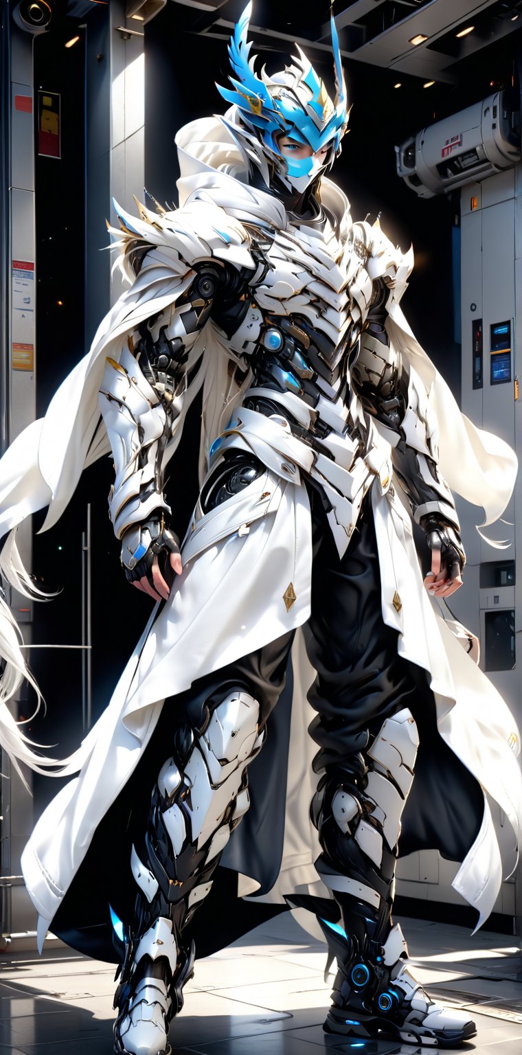 A realistic full body digital model poster in anime style featuring a young man with blue hair, long hair, very long hair and blue eyes, wearing a crown of gods, a hood, a raised hood, a hooded jacket, a White jacket. a long jacket, a futuristic robe, black pants, a mouth mask, open clothing, an exosuit and shoes, with a futuristic background, HDR, UHD, 64K resolution, stable diffusion,DonM3l3m3nt4lXL