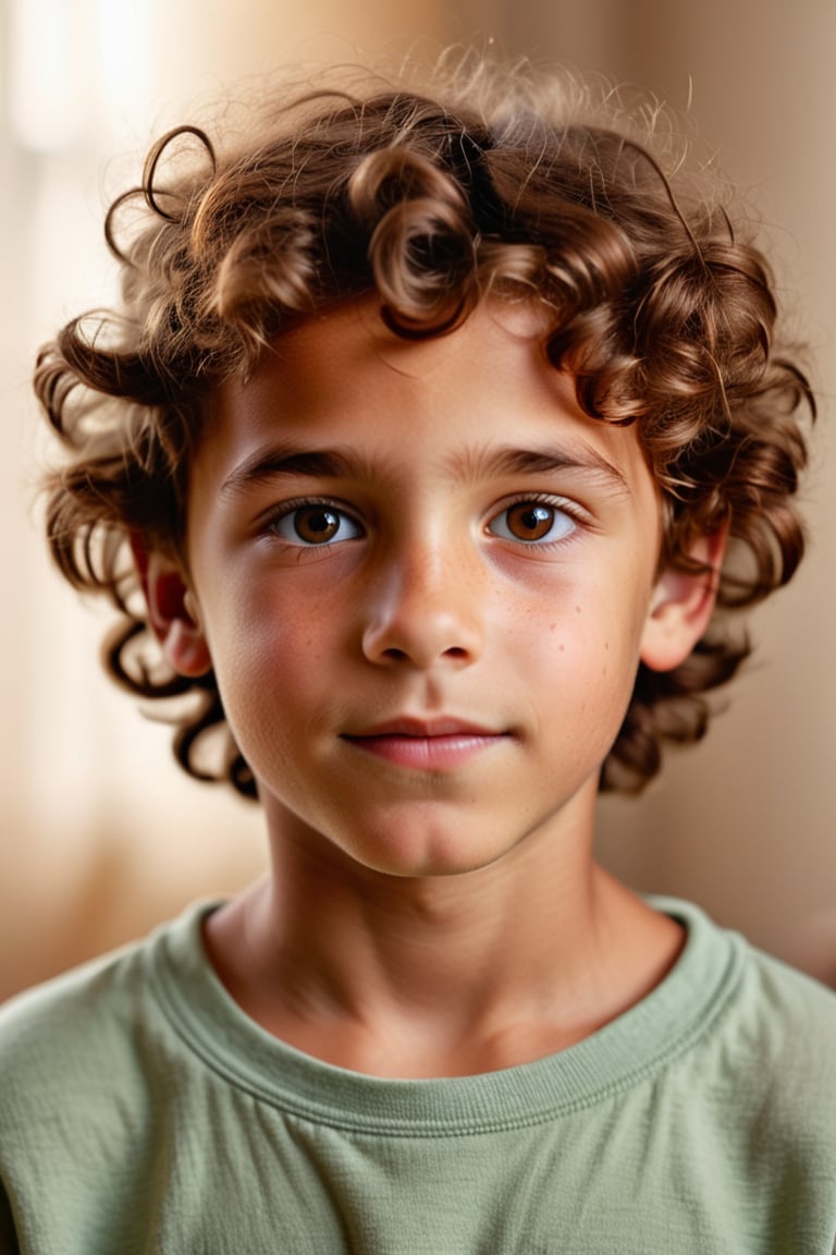 A youthful boy with rich, curly brown hair framing his heart-shaped face, gazes straight into the camera lens. His bright, expressive brown eyes sparkle with curiosity, set against a subtle gradient of soft focus. The overall ambiance is warm and inviting, capturing every detail in stunning 4K resolution.