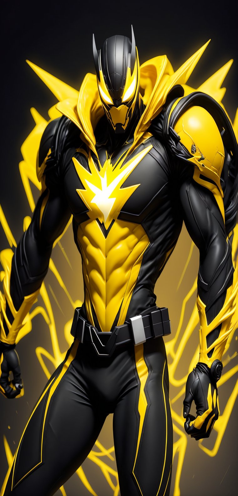 A speedster hero, with an imposing presence and athletic figure, stands in a ready-to-run stance. His suit is a vibrant mix of yellow and black, designed not only for speed but also protection and style. This hero, known as "Black Lightning", embodies the essence of speed and justice.
Mask: A tight-fitting mask covers your face, exposing only your eyes, nose, and mouth. The mask is black with yellow details around the eyes, forming a streamlined design that accentuates his penetrating and determined gaze.

Emblem: In the center of his chest, a stylized yellow lightning bolt emblem stands out against the black background of the suit. This emblem is the symbol of his heroic identity and his ability to move at superhuman speeds.

Upper: The upper part of the suit is primarily yellow with black details on the shoulders, arms and sides, providing a dynamic contrast that reflects his energy and speed. The suit's material is light but strong, designed to withstand the friction and heat generated by its rapid mobility.

Gloves: His gloves are black with yellow details on the fingers and wrists, providing a firm grip and protecting his hands during his missions.

Belt: A black belt cinched around your waist, with small compartments to hold useful devices and communication tools.

Bottom: The pants of the suit are black with yellow details on the sides, continuing the streamlined design and ensuring flexibility and comfort. The boots, also black with yellow lightning bolts, are designed for maximum traction and durability, with reinforced soles to absorb the impact of your fast runs.
In full motion, Black Lightning is a blurry figure to the human eye. The energy of their movements is perceived as flashes of yellow light and black shadows that mark their path. His speed is amazing, capable of overcoming any obstacle in the blink of an eye. The speed lines that follow him highlight his ability to move through time and space with unmatched precision.