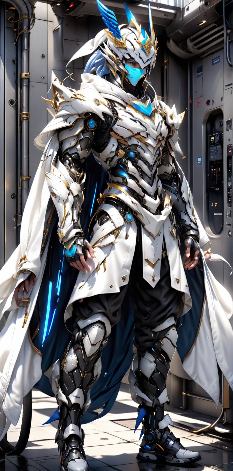 A realistic full body digital model poster in anime style featuring a young man with blue hair, long hair, very long hair and blue eyes, wearing a crown of gods, a hood, a raised hood, a hooded jacket, a White jacket. a long jacket, a futuristic robe, black pants, a mouth mask, open clothing, an exosuit and shoes, with a futuristic background, HDR, UHD, 64K resolution, stable diffusion