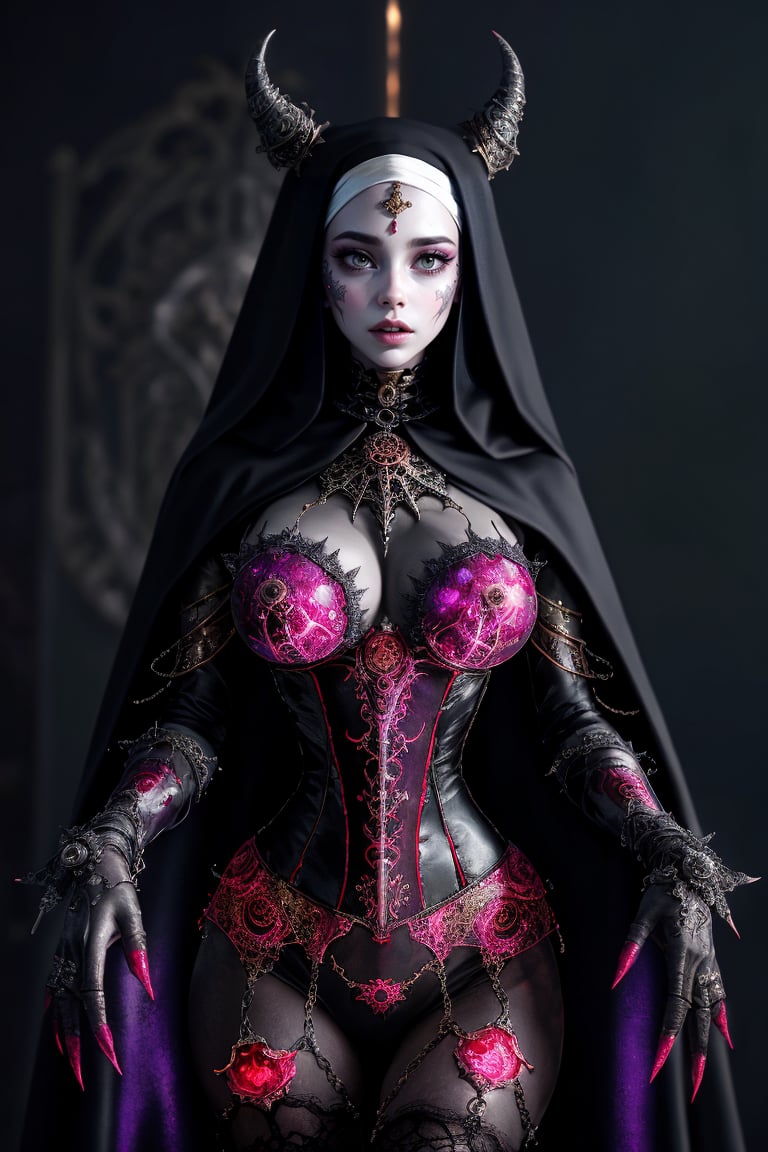 ((bare upper chest and shoulders, outfit is sheer at the midriff)), (It depicts a nun with a demonic pale face. This image combines elements of cyborg and steampunk styles, showing a fusion of futuristic and Victorian aesthetics. Her nun's face is adorned with intricate patterns of fantastic folk geometry and rendered in glowing translucent ghostly glass. The colors used in her work are primarily purple and red, with additions of black and gold. Her nun lips are painted in a striking red shade and are very noticeable. Her overall image is reminiscent of Gustav Klimt's paintings. Crafted with vibrant colors and attention to detail. The nun is seen wearing an intricate layered lace and chain corset.), Detailed Textures, high quality, high resolution, high Accuracy, realism, color correction, Proper lighting settings, harmonious composition, Behance works,Butcha,photorealistic,g0thsh33rb0dysu1t,MECHA,muscular_body