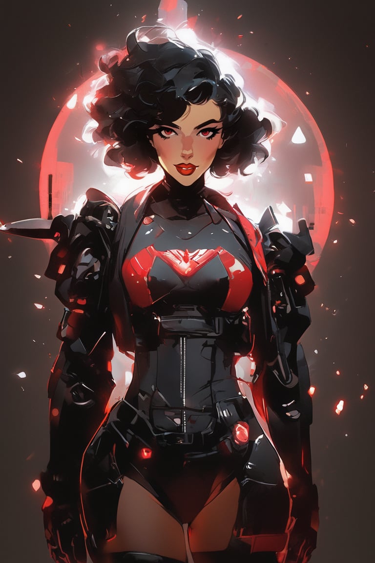 (by Loish, Leyendecker, james gilleard), A full body shot of a young goth woman, short black curly hair, slightly smiling, one raised eyebrow, lips parted, amused smile, wearing a black metal cyborg suit glowing red, Medium breast, toned,red lips, dark eye makeup, dark future battlefield background, ,heavy_jacket,Fire Angel Mecha,Cinematic , ct-eujiiin,heavy_jacket,Fire Angel Mecha, ct-goeuun