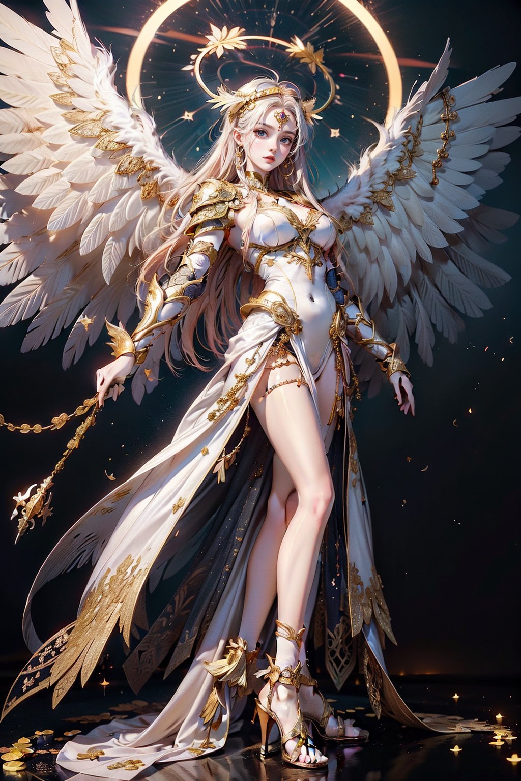 triumphant angel girl, roccoco irridescent fallen angel, cute young angel girl, long hair, white large wings, paradise, angel beaty, beatiful, 8k, oktavian render, high quality, masterpiece, dynamic pose, hot girl, praising, dark background, nimb, cinemathic scene, shiny,DonMM1y4XL,An angel , an angel wearing gold and silver crystal armor, heaven background, glowing halo around head, golden hair, white feathered wings,| centered| key visual | intricate| highly detailed| breathtaking beauty| precise lineart| vibrant| comprehensive cinematic, dynamic pose, best quality, 8k, golden hour,angel_wings