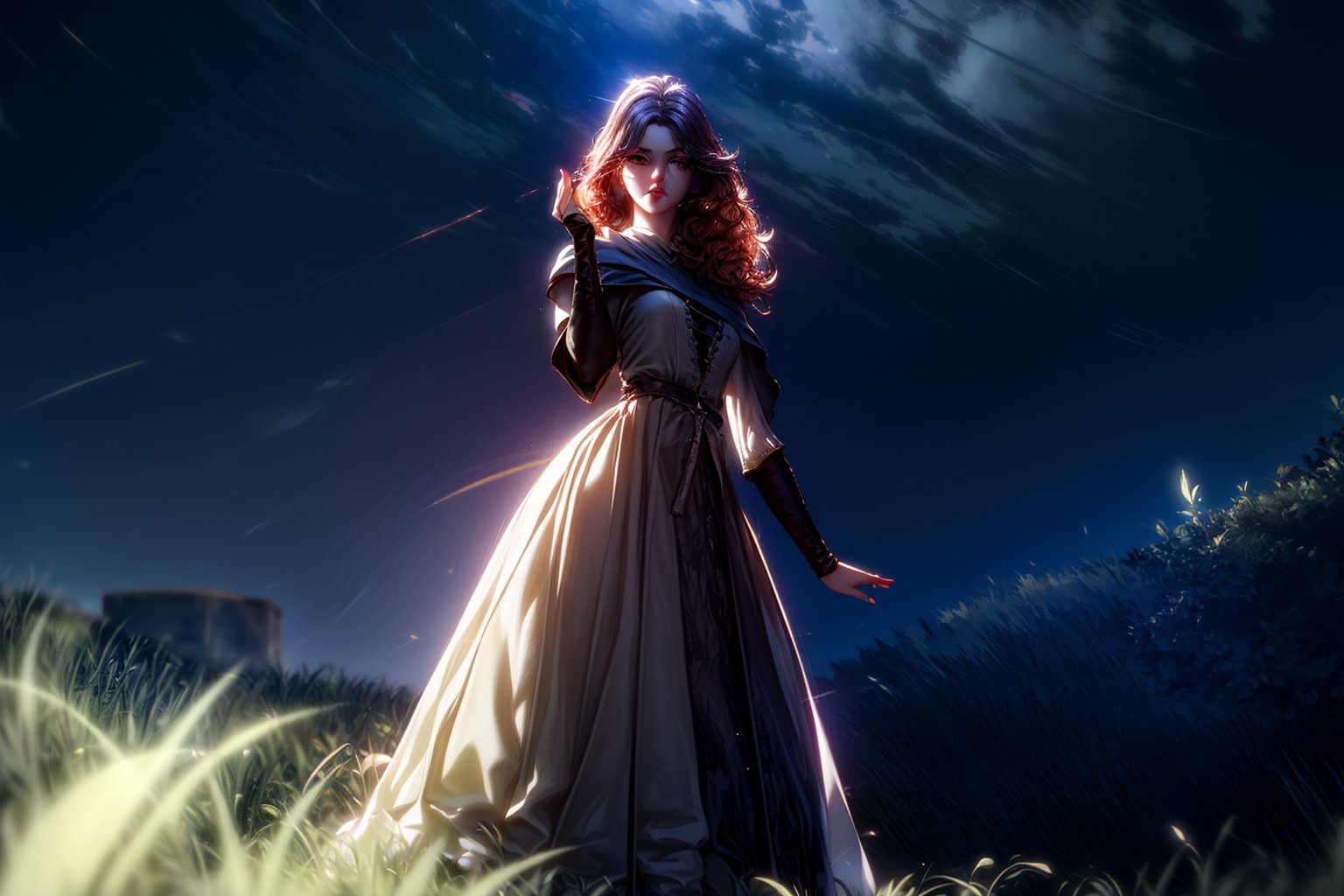 {{{masterpiece}}}, {{{best quality}}}, {{{ultra-detailed}}}, {cinematic lighting}, {illustration}, 1girl, Melina,  dynamic pose, perfect body,
long hair, maiden dress,
looking at viewer,lips,very long hair, at night background, dark background, grass,
center opening, hair over shoulder,hair ornament,masterpiece,best quality,ultra detailed, 8k, cinematic light,highly detailed, scenery,pose,solo,looking at viewer,3DMM, Melina,melina (elden ring)