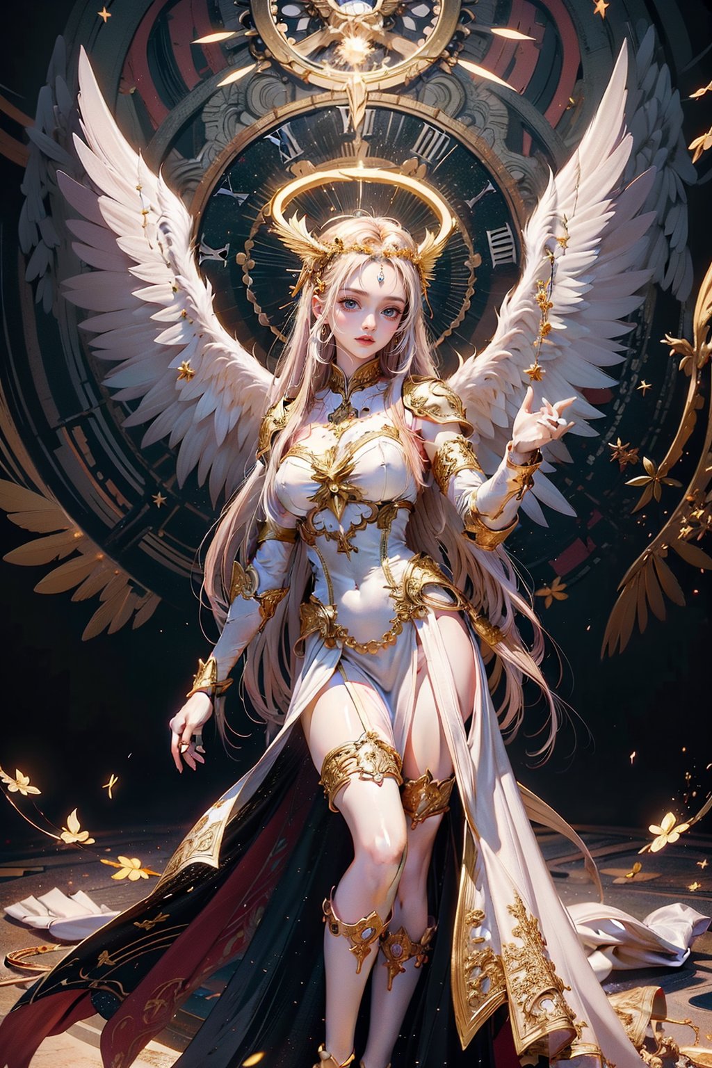 triumphant angel girl, roccoco irridescent fallen angel, cute young angel girl, long hair, white large wings, paradise, angel beaty, beatiful, 8k, oktavian render, high quality, masterpiece, dynamic pose, hot girl, praising, dark background, nimb, cinemathic scene, shiny,DonMM1y4XL,An angel , an angel wearing gold and silver crystal armor, heaven background, glowing halo around head, golden hair, white feathered wings,| centered| key visual | intricate| highly detailed| breathtaking beauty| precise lineart| vibrant| comprehensive cinematic, dynamic pose, best quality, 8k, golden hour,angel_wings