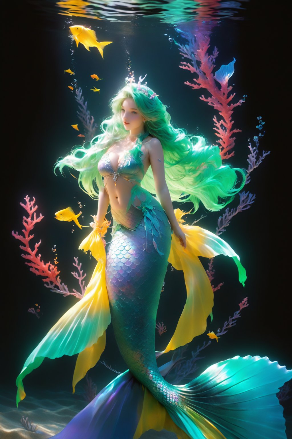 beautiful hot sexy mermaid,  detailed young girl face, yellow eyes, emerald hair with yellow ribbons, swim, breast, long hair, octane render, cinematic, 8K, hot lips, atmospheric, epic composition, Volumetric lighting, Cinematic of mermaid, small_nose, cute tail, (范冰冰), realistic artwork, high detailed, professional, full body photo of a transparent porcelain cute creature looking at viewer, with glowing backlit panels, anatomical plants, deep ocean coral garden, grainy, shiny, with vibrant colors, colorful, ((realistic skin, glow,)) surreal objects floating, ((floating:1.4)), contrasting shadows, photographic, niji style, 1girl, xxmixgirl, FilmGirl, aura_glowing, colored_aura, Movie Still, final_fantasy_vii_remake, ((big_breast:1.3))