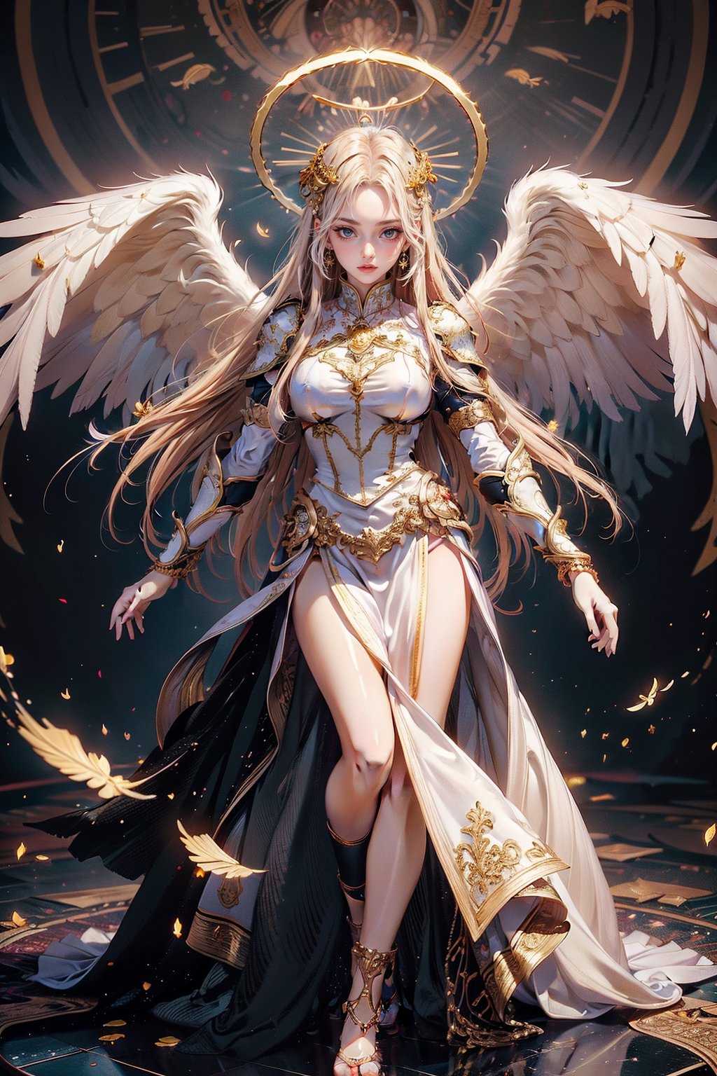 triumphant angel girl, roccoco irridescent fallen angel, cute young angel girl, long hair, white large wings, paradise, angel beaty, beatiful, 8k, oktavian render, high quality, masterpiece, dynamic pose, hot girl, praising, dark background, nimb, cinemathic scene, shiny,DonMM1y4XL,An angel , an angel wearing gold and silver crystal armor, heaven background, glowing halo around head, golden hair, white feathered wings,| centered| key visual | intricate| highly detailed| breathtaking beauty| precise lineart| vibrant| comprehensive cinematic, dynamic pose, best quality, 8k, golden hour,angel_wings