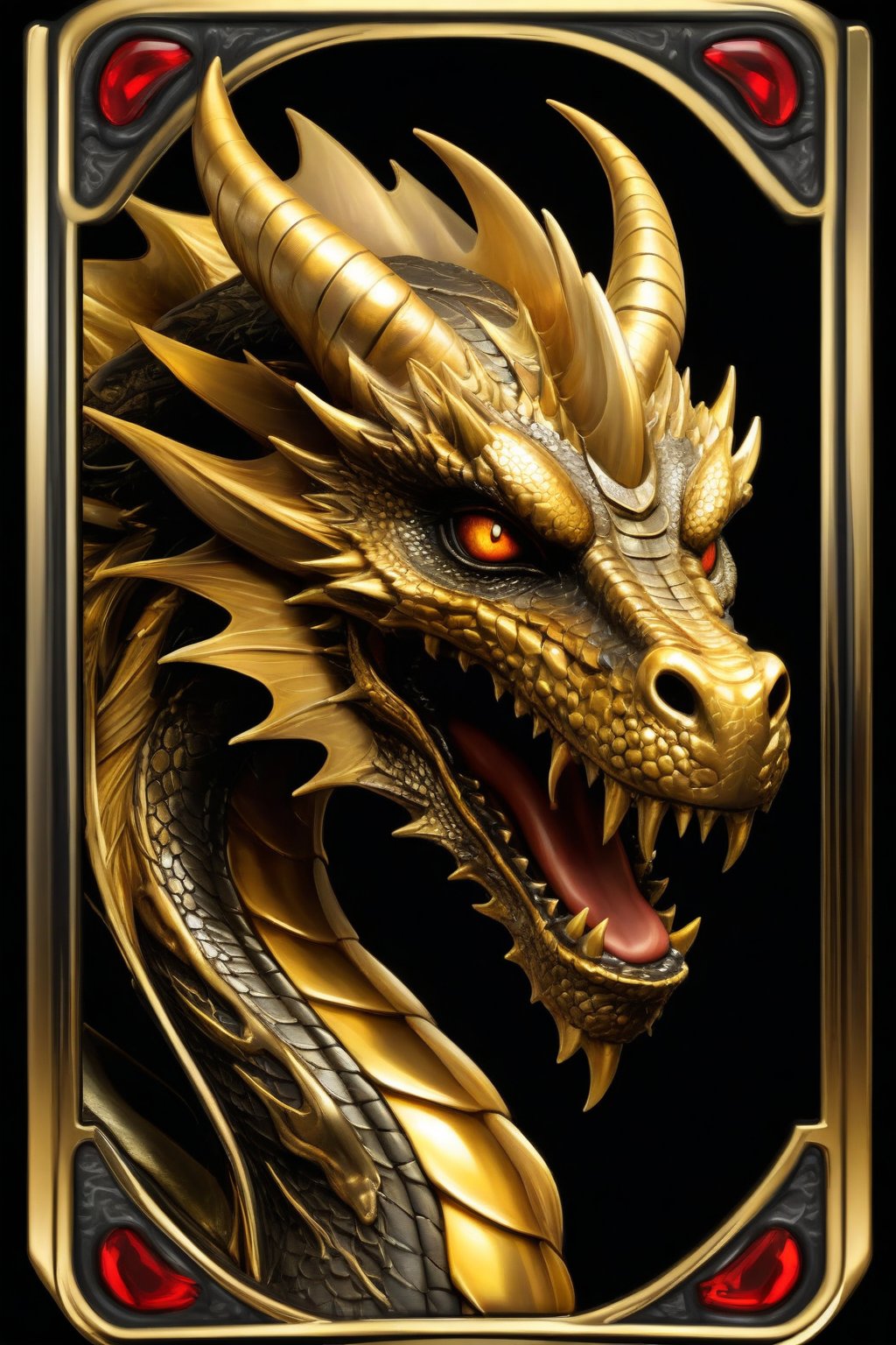 Masterpiece, realistic. High quality. Detailed.
Badge. dark dragon, golden frame,  With text: TA, black background