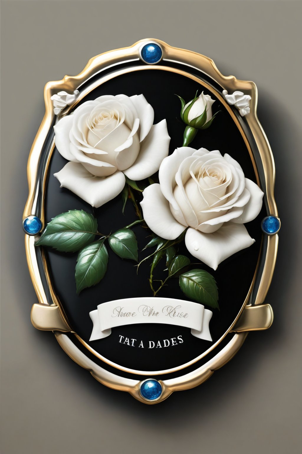 Masterpiece, realistic. High quality. Detailed.
Badge. white roses,  With text: TA, black background