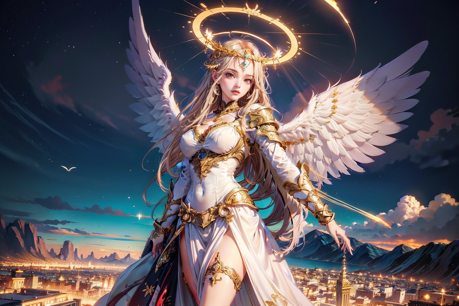 triumphant angel girl, roccoco irridescent fallen angel, cute young angel girl, long hair, white large wings, paradise, angel beaty, beatiful, 8k, oktavian render, high quality, masterpiece, dynamic pose, hot girl, praising, dark background, nimb, cinemathic scene, shiny,DonMM1y4XL,An angel , an angel wearing gold and silver crystal armor, heaven background, glowing halo around head, golden hair, white feathered wings,| centered| key visual | intricate| highly detailed| breathtaking beauty| precise lineart| vibrant| comprehensive cinematic, dynamic pose, best quality, 8k, golden hour,angel_wings