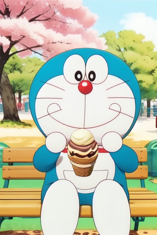 1 Doraemon, smile, happy, smooth, moved, sitting on the bench, eating an ice-cream, background is beautiful park and blossom, smooth, realistic, foodstyle, slight photography, detalied_background, high quality, realistic, 3d