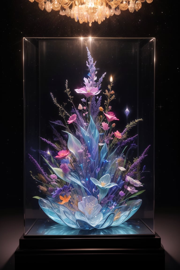  (Glass Slipper)(product display)(no human)(no model) a close-up of a glass slipper on a display, glass flowers, high-quality product image, coral reef, flora and fauna, cosmic nebula, dark background, Christian Dior style, with frozen flowers around it, stunning-design, beautiful, side profile artwork, glass paint, multicolored, displayed, backlight, glitter. Elegant style, with fairy tale elements on it. Unidentified Aurora Borealis Background.