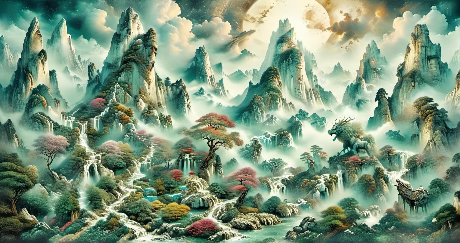 (ultra detailed, ultra highres), (masterpiece, top quality, best quality, official art :1.4), (high quality:1.3), cinematic ink wash painting depicting a paradise in a Xianxia world. The scene features a mist-covered mountaintop blooming with a myriad of flowers, steep cliffs, and cascading waterfalls. A gigantic mythical beast can be seen swirling in the air among the mountains and clouds. The artwork conveys an ethereal, otherworldly beauty, capturing the essence of a hidden, magical realm.,more detail XL,nodf_xl