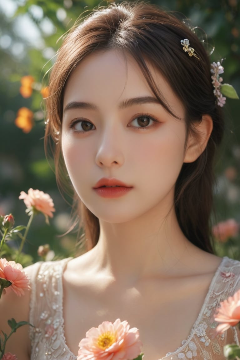 a beautiful girl in a peaceful garden, detailed eyes, long eyelashes, beautiful lips, extremely detailed face, 1girl, delicate flower garden, sunlight, vibrant colors, photorealistic, 8k, high quality, intricate details, cinematic lighting, warm color palette, elegant, serene atmosphere