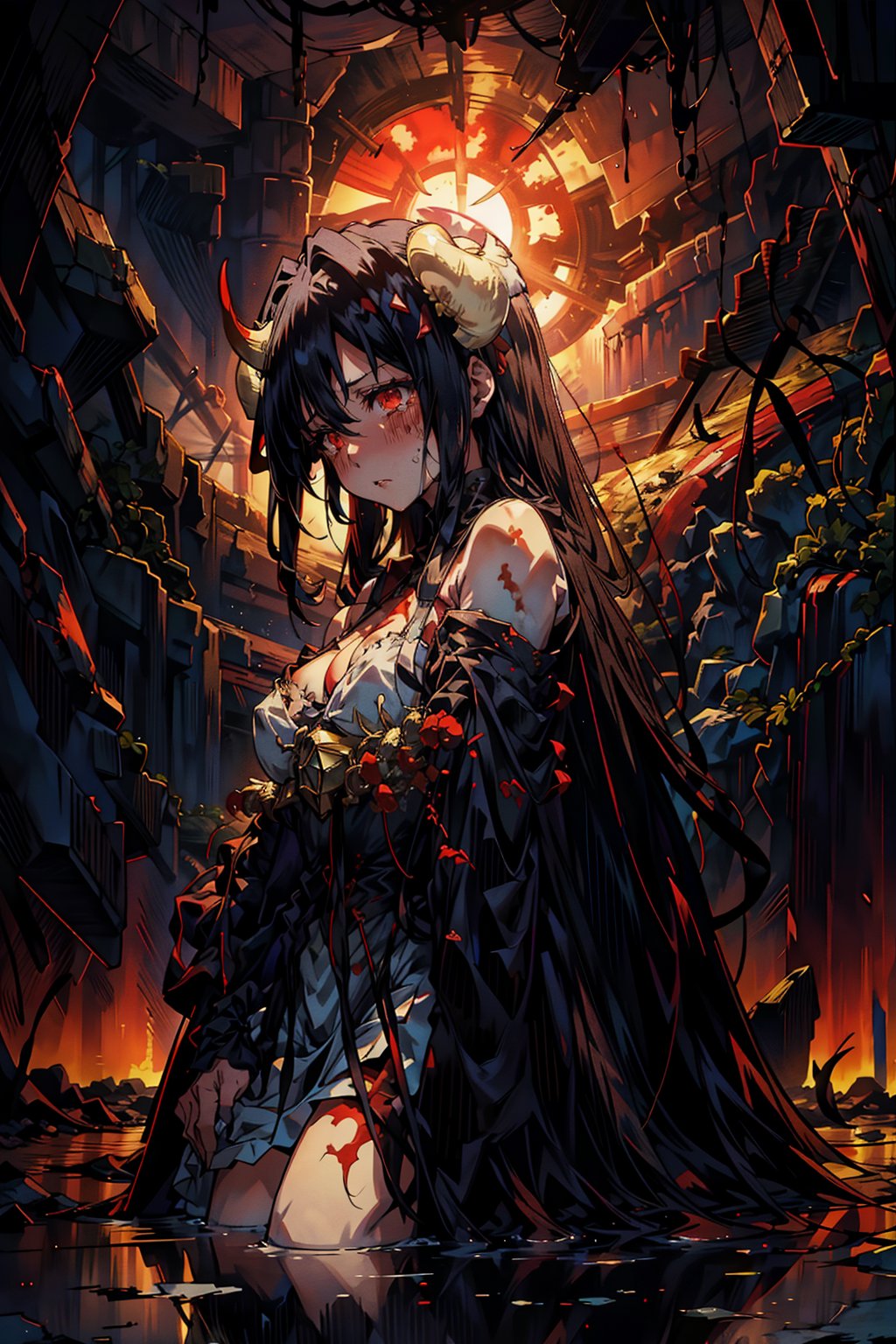 Albedo's anguished face, tears mixing with the blood stains on her dress, as the warm crimson hues of sunset illuminate the desolate battlefield. Her tattered kimono is proof of the great battle, showing her bare chest, in contrast to the turmoil within. The stillness conveys hope and comfort in the midst of destruction, Albedo's desperate expression a poignant counterpoint to the serene backdrop.,aanezuko,(Albedo),albedo \(overlord\)