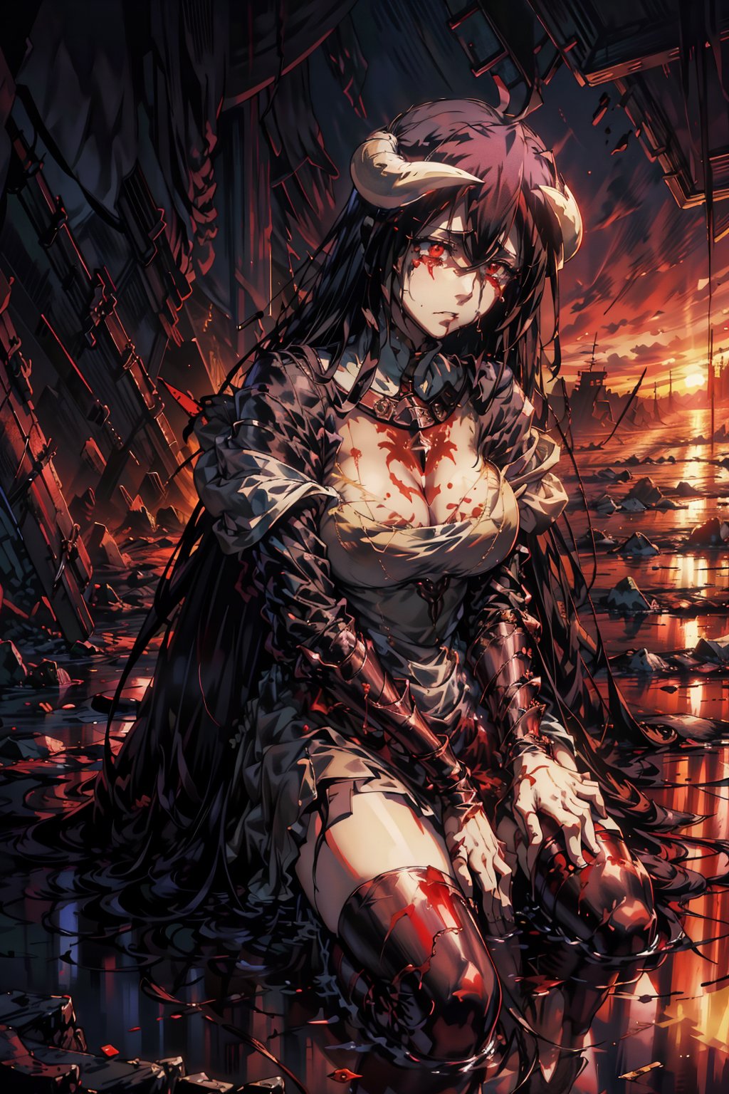 Albedo's anguished face, tears mixing with the blood stains on her dress, as the warm crimson hues of sunset illuminate the desolate battlefield. Contrasting with the internal turmoil. The stillness conveys hope and comfort in the midst of destruction, Hestia's desperate expression a poignant counterpoint to the serene backdrop.,albedo