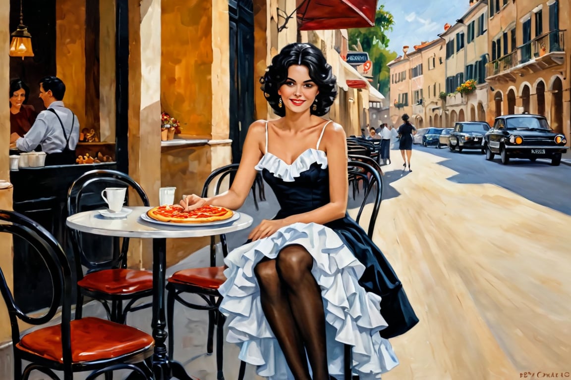 A vintage oil painting of an elegant italian woman sitting at the table in front of her on Verona street cafe, black stockings and high heels shoes, black hair with white ruffles, detailed face features, pizza on the table,  outdoor coffee tables and chairs, neutral soft colors, vintage_p_style