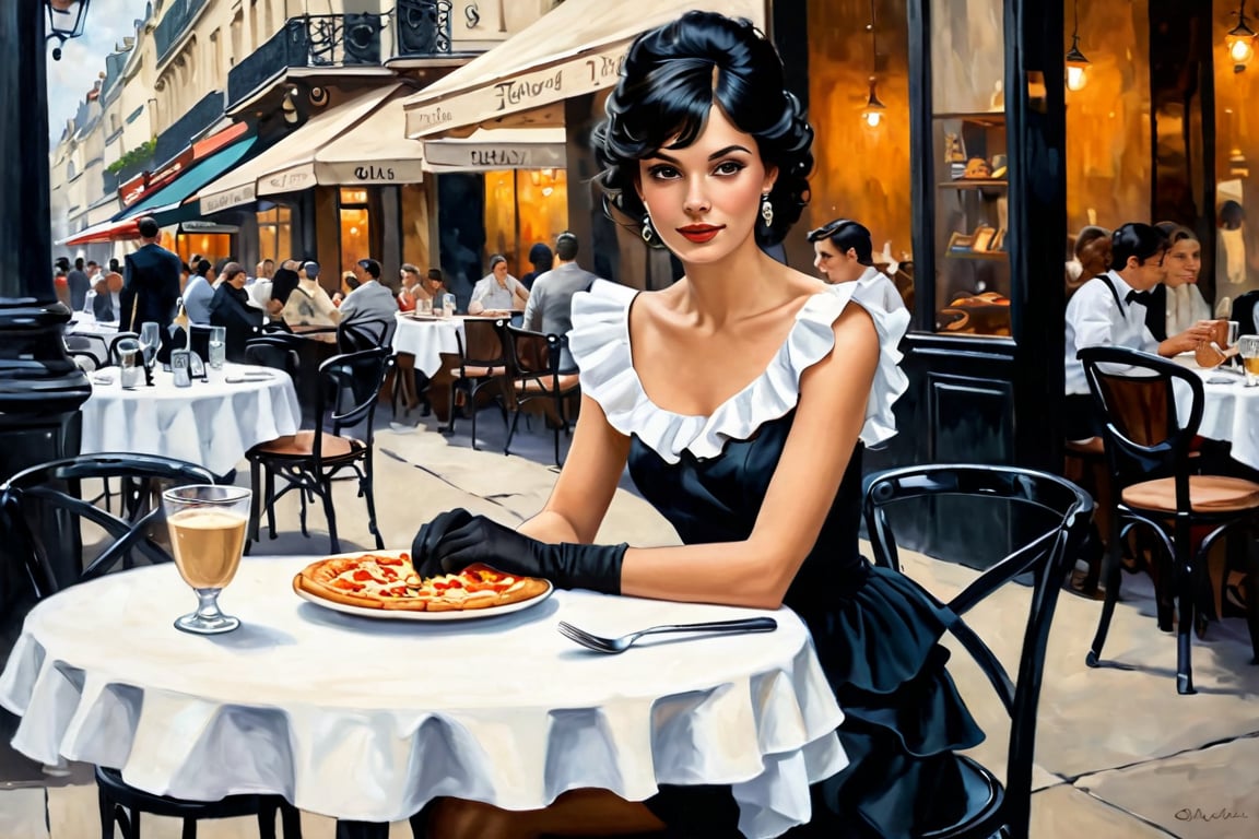 A vintage oil painting of an elegant french woman sitting at the table in front of her on Parisian street cafe, black stockings and high heels shoes, black hair with white ruffles, detailed face features, pizza on the table,  outdoor coffee tables and chairs, neutral soft colors, vintage_p_style