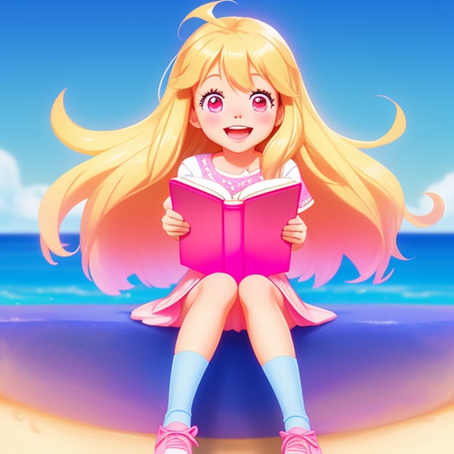 Close-up of a happy little girl with long, flowing blond hair and big, expressive eyes, joyfully coloring in a book, wearing pink, blue, and white shoes, rendered in a vibrant Disney Pixar animation style, capturing the essence of a beloved animated character.