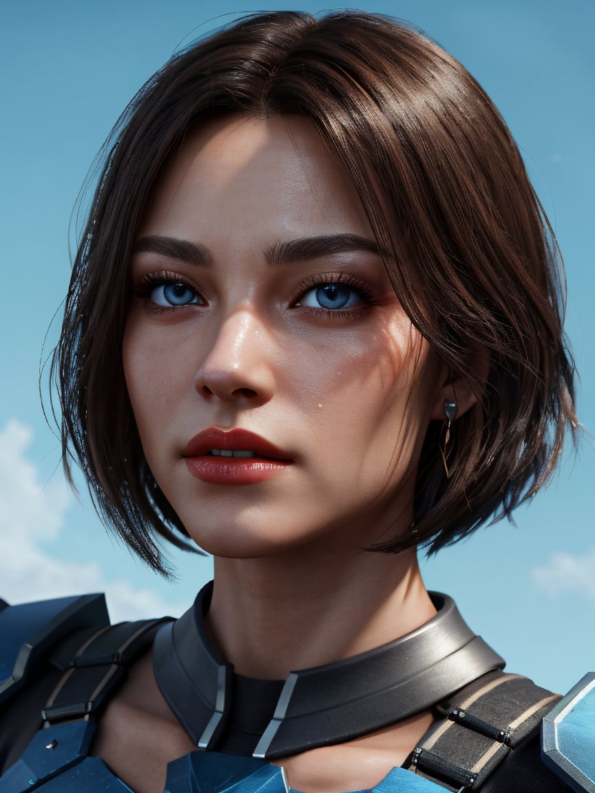 a photorealistic 25 year old women blue dimonds eyes red cute lips with a pick futuristic cool armor also focus on the deatil quailty of focus detal on eyes focus on hair focus deail environment focus detail on sky focus detal on  body detail on face focus detail skin tone focus detal on background focus detail on nose focus detail on mounth focus deatail on lips remove all low quailty remove all generated features remove glitches raise the quailty to 8k HDD