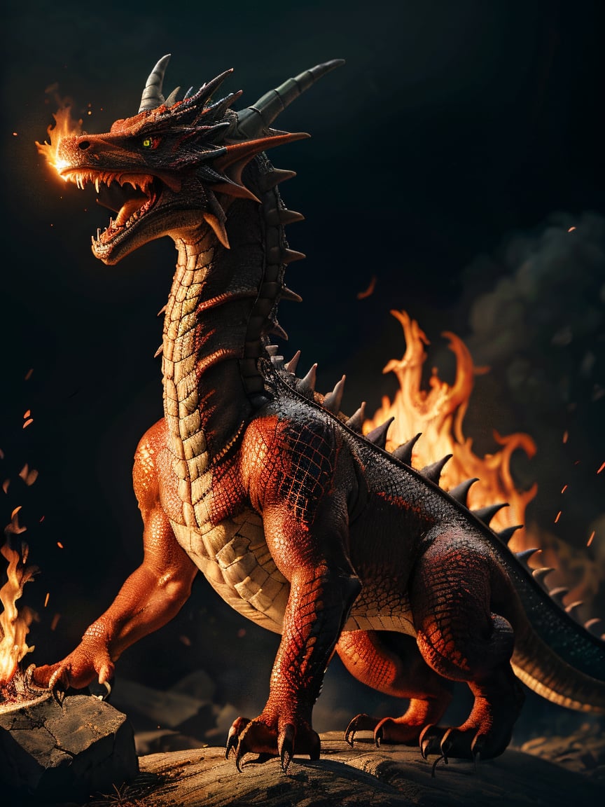  realistic dragon with fire around it glowing red focus on the skin detail focus on character deatail focus on removing background blur focus on the environment deatl remove all low quailty raised the qauilty remove generrated feel make evrything life like 