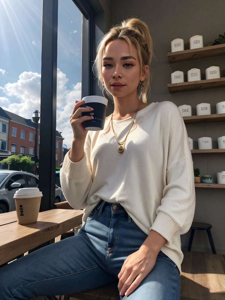 photorealistic 21-year-old female influencer with blue eyes and long blonde hair styled in a high ponytail. She is sitting at a cozy corner of a bustling urban cafe, enjoying a cup of coffee. The photo highlights her casual yet chic style, with artwork and shelves of books lining the cafe walls. ffocus all detail on hands focus detail on feet focus detail body focus all detail on focus all detal on shadow focus all detail on ears focus deal on hair focus all deatail on textures focus detail sun rays fous all detail on reay traced on envirmonment focus all detail on vehicles remove on background blur completely fockus detal on sky focus all detail on clothes focus all detail on accessories focus all detail on buildings and house focus all detail on grass put way more detail in to face put way more detail in to eyes put way more detail in to lips put way more detail in to mouth put way more detail intoroads put way more detail in to vehicles put way more detail into sky put way more detail into clouds remove alll gltiches and bugs remove all texture issues fix eyes remove texture pop out