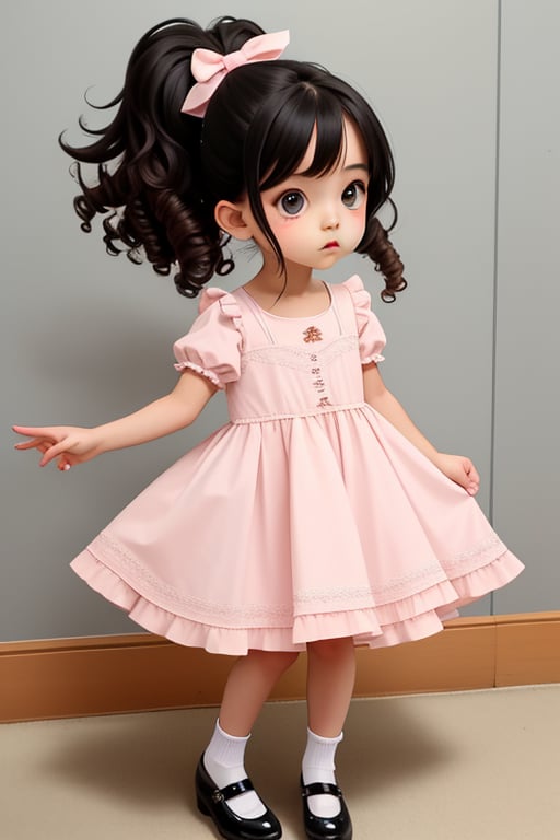  make me the character of a sweet, funny and cute 5 year old girl  . wearing a cute and sweet dress and wearing cute children's shoes  ,with curly hair in two pigtails and ponytail . 