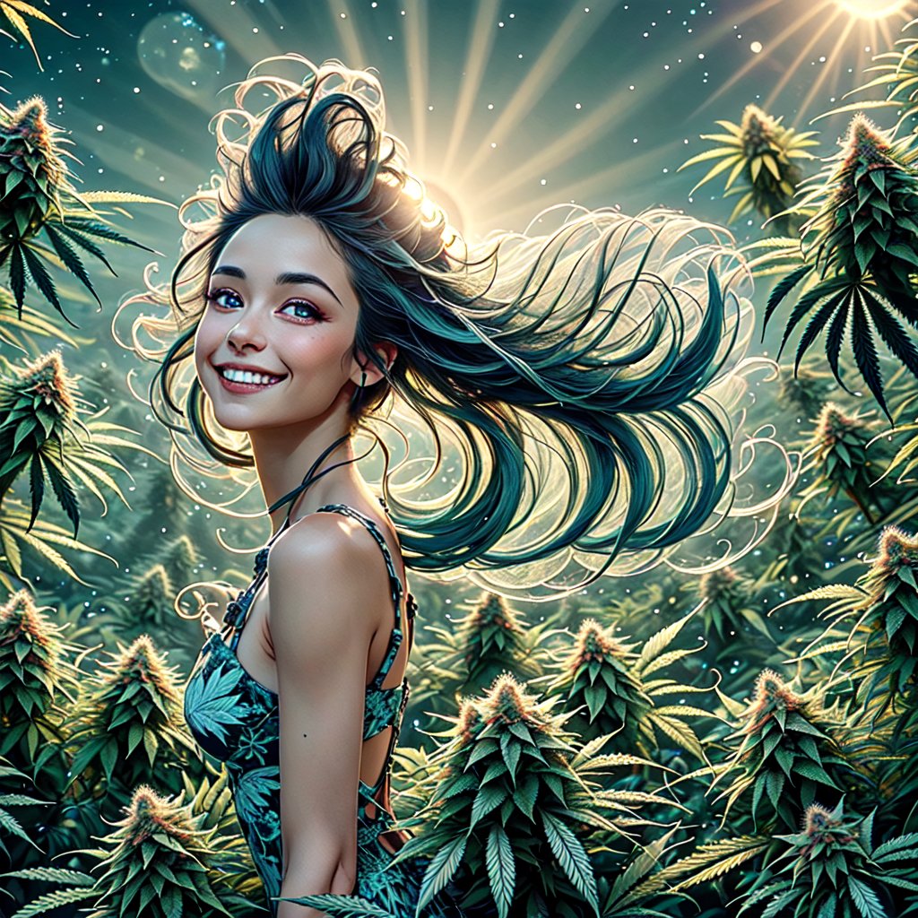 Majestic peak ascends into radiant ,midjourney Design an image featuring the phrase "Mareas altas y buenas vibras." The scene should depict stylized green waves that gradually morph into cannabis leaves. The waves should have fluid, organic lines that give a sense of motion and relaxation. Above the waves, a bright, smiling sun with a friendly face should be depicted, radiating warmth and positivity. The background sky should be a gradient of blue, transitioning from a deeper blue at the top to a lighter blue near the horizon. The text "Mareas altas y buenas vibras" should be written in a relaxed, cursive font and placed at the top of the image.,EpicLogo,High detailed ,glass,Beautiful Beach,nodf_lora,portrait,marijuanastyle,cnb,Perfect lips,DonM3l3m3nt4l,Eyes,Beautiful eyes