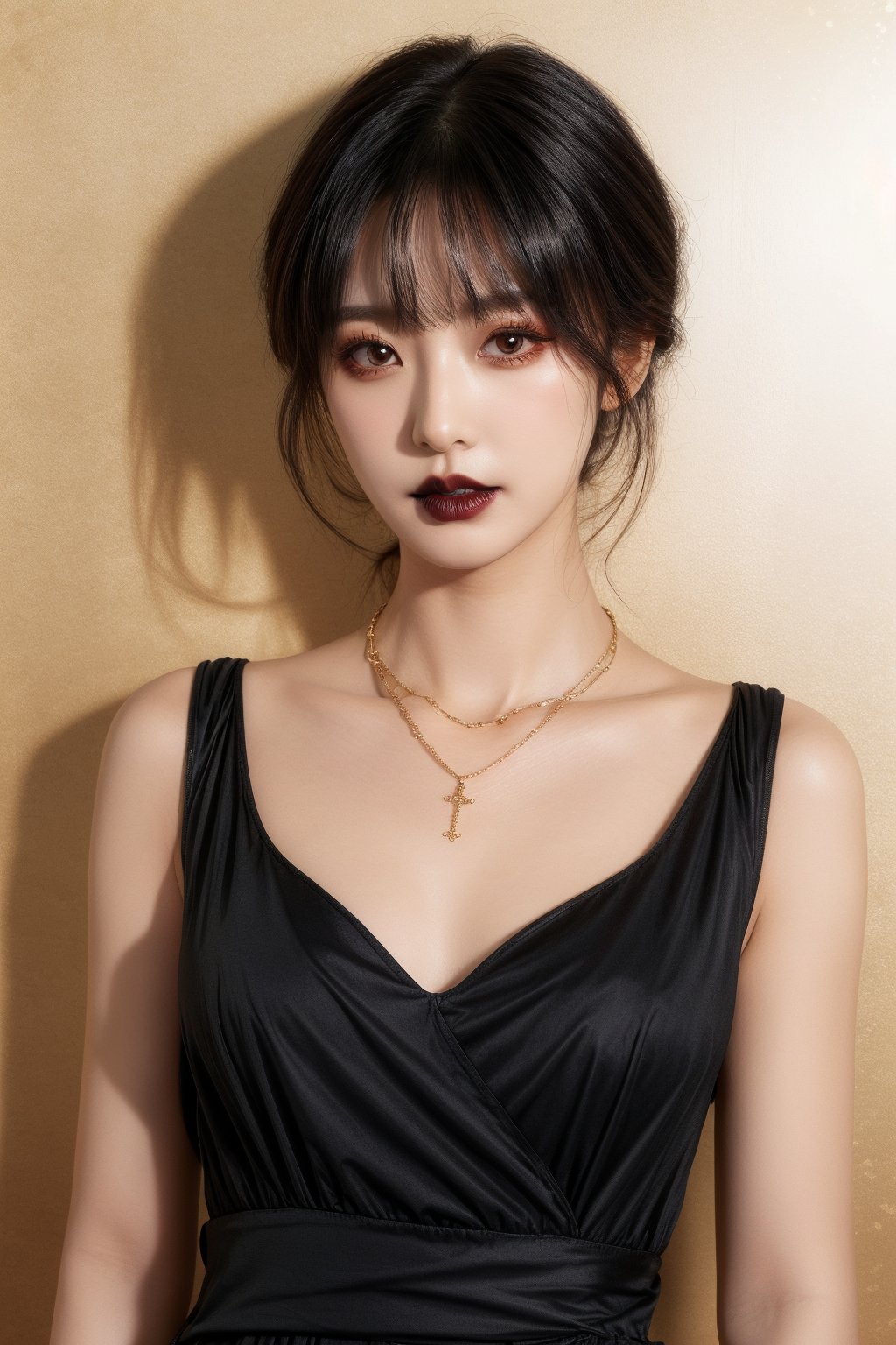 1girl, solo, black hair, dress, jewelry, necklace, watermark,upper body, glowing effect , low_light golden shade background is wearing tight maxi dress with black lipstick and mascara 