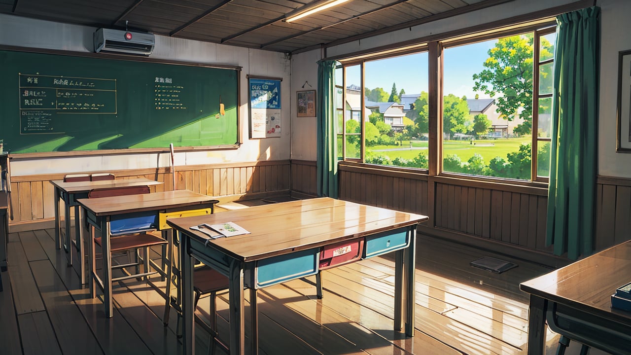 Set in a vibrant, exaggerated anime-style world, the classroom background bursts with color and personality. The room is spacious with tall windows that flood the space with bright, cheerful sunlight. Each desk and chair is uniquely designed, some adorned with stickers or doodles, reflecting the diverse personalities of the fictional students.

The chalkboard at the front is not just clean but adorned with playful sketches and motivational messages, showcasing the artistic flair of the fictional teacher or perhaps some mischievous student contributions. Mathematical equations and diagrams are presented in a whimsical, slightly exaggerated manner, adding a touch of fantasy to the academic setting.

Posters on the walls depict inspirational quotes or anime-style illustrations of historical figures and scientific phenomena, blending education with entertainment. Colorful curtains frame the windows, fluttering gently in a breeze that carries hints of cherry blossom petals, adding to the idyllic, anime-esque atmosphere.

In the foreground, various school supplies such as notebooks, pens, and textbooks are scattered across the desks, each with its own unique design and vibrant colors. The classroom exudes a sense of lively energy and creativity, inviting the viewer to imagine the animated characters who would inhabit this charming and dynamic educational environment.,nodf_lora,Classroom,School Classroom,artistic oil painting stick,kyoushitsu