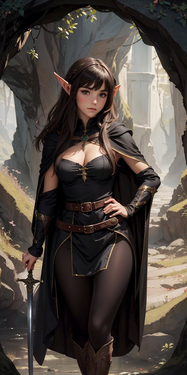 Masterpiece, illustration, fantasy,
(by John William Waterhouse), beautiful elf girl ((elf ears)), best body, beautiful hairstyle, fantasy robe, boots,  leggings, (black cloak and belts), (pantyhose), (1 rapier), skin folds, inside a dark cave, soft, cute face, soft colors, female, dreamy, pastel, more detail XL, (((full_body_portrait))), (pov_eye_contact),