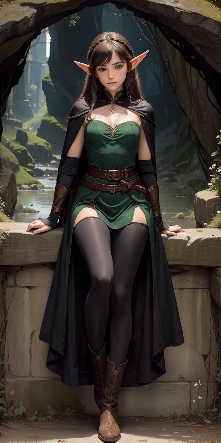 Masterpiece, illustration, fantasy,
(by John William Waterhouse), beautiful elf girl ((elf ears)), best body, fantasy robe, boots,  leggings, (black cloak and belts), (pantyhose), (1 rapier), skin folds, inside a dark cave, soft, cute face, soft colors, female, dreamy, pastel, more detail XL, (((full_body_portrait))), (pov_eye_contact),